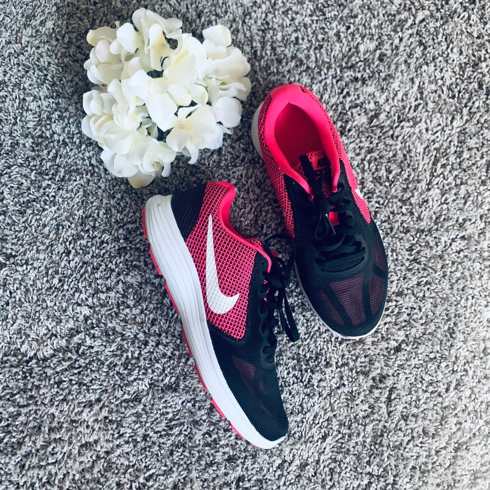 Hot Pink and Black Nike Revolution 3